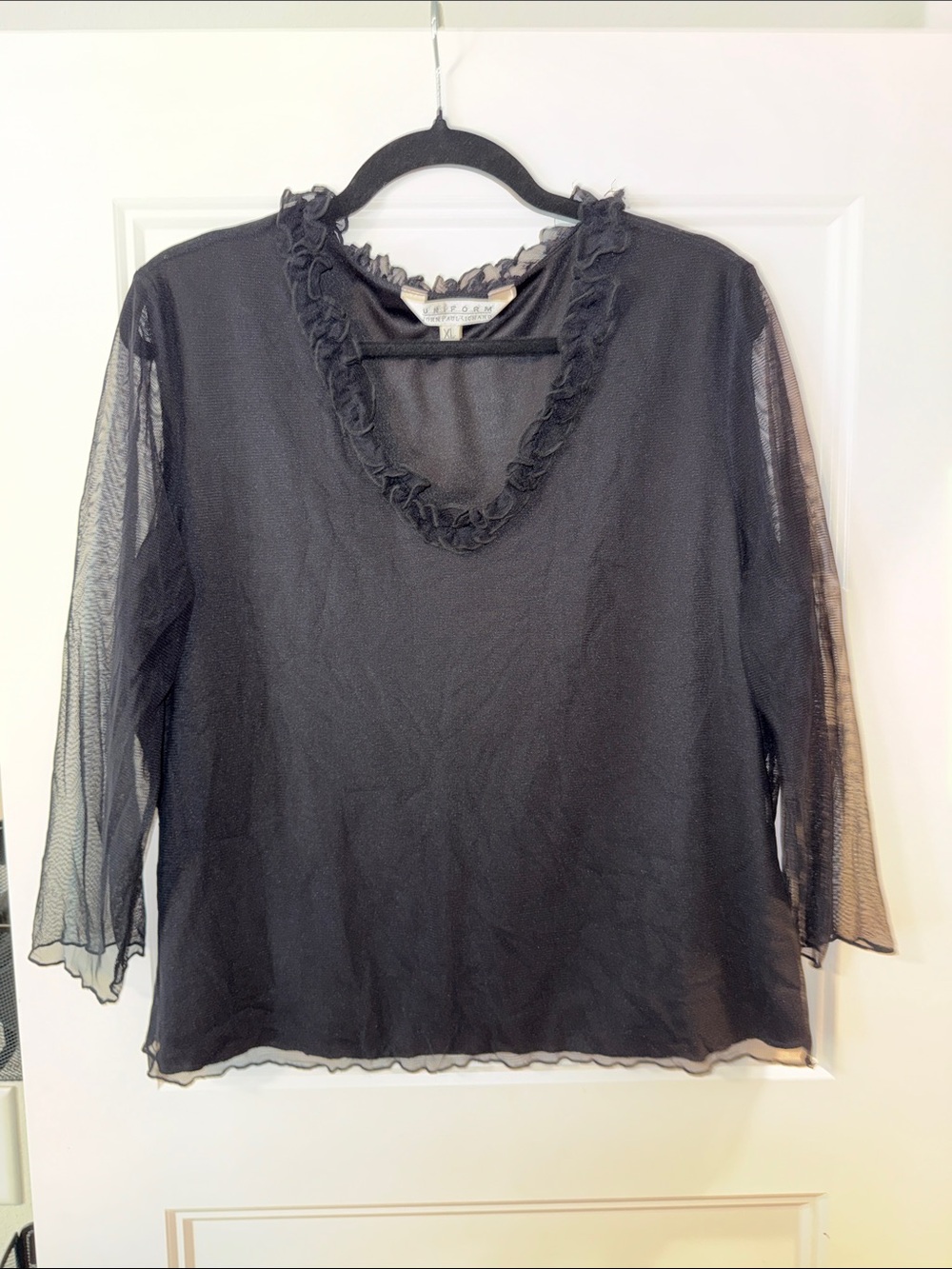 JohnPaulRichard Black Sheer Ruffle-Trim Blouse